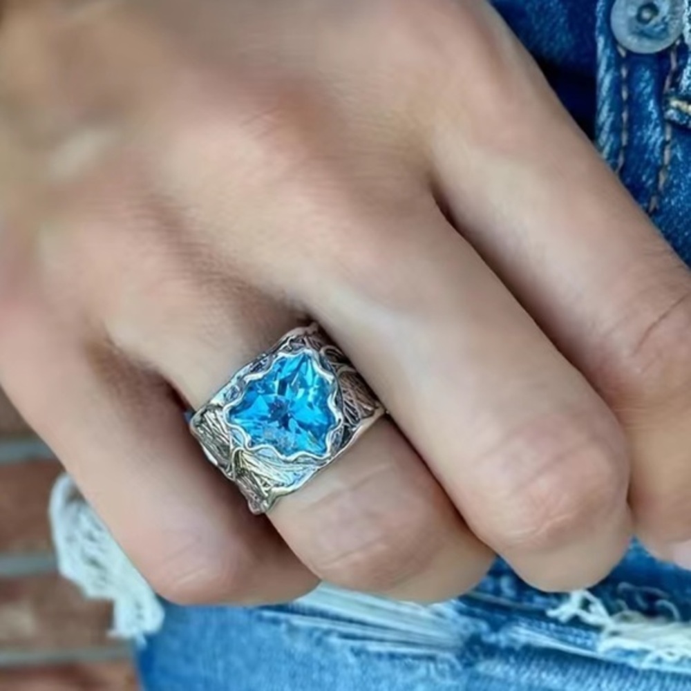 New! Beautiful Blue Bohemian Silver Ring Zircon Gemstone Sz 8,9